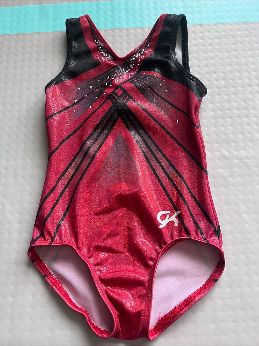 GK Red and Black Girls Gymnastics Leotard with Rhinestones